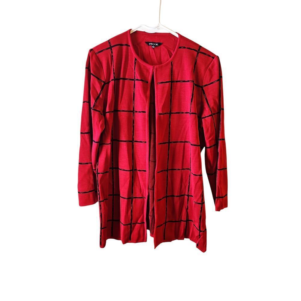 Misook cardigan blazer jacket sz large red black windows pane print